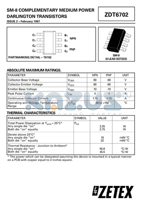 ZDT6702 datasheet - SM-8 COMPLEMENTARY MEDIUM POWER DARLINGTON TRANSISTORS