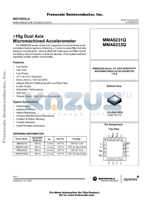 MMA6233QR2 datasheet - 10g Dual Axis Micromachined Accelerometer