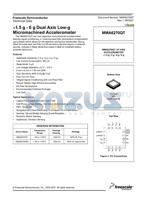 MMA6270QT datasheet - a1.5 g - 6 g Dual Axis Low-g Micromachined Accelerometer