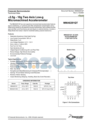 MMA6281QT datasheet - -2.5g - 10g Two Axis Low-g Micromachined Accelerometer