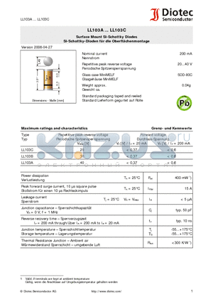 LL103C datasheet - Surface Mount Si-Schottky Diodes Si-Schottky-Dioden fur die Oberflahenmontage