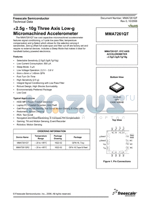 MMA7261QR2 datasheet - a2.5g - 10g Three Axis Low-g Micromachined Accelerometer