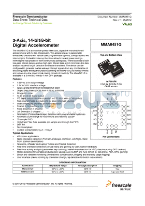 MMA8451QT datasheet - 3-Axis, 14-bit 8-bit Digital Accelerometer