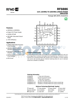 RF6886 datasheet - 3.6V, 100MHz TO 1000MHz LINEAR POWER AMPLIFIER