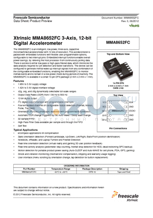MMA8652FCR1 datasheet - Xtrinsic MMA8652FC 3-Axis, 12-bit Digital Accelerometer