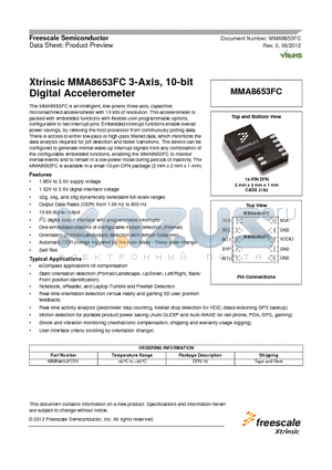 MMA8653FCR1 datasheet - Xtrinsic MMA8653FC 3-Axis, 10-bit Digital Accelerometer