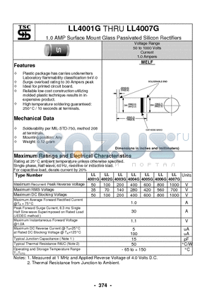 LL4001G datasheet - 1.0 AMP Surface Mount Glass Passivated Silicon Rectifiers