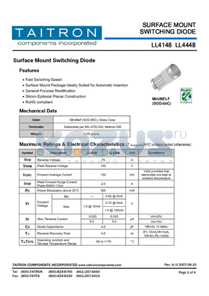 LL4148 datasheet - Surface Mount Switching Diode