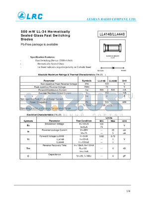 LL4148 datasheet - 500 mW LL-34 Hermetically Sealed Glass Fast Switching Diodes