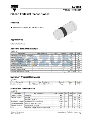 LL4151 datasheet - Silicon Epitaxial Planar Diodes