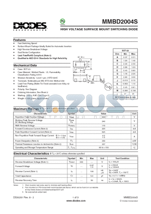 MMBD2004S-7-F datasheet - HIGH VOLTAGE SURFACE MOUNT SWITCHING DIODE