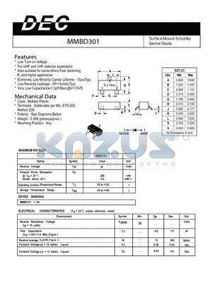 MMBD301 datasheet - Surface Mount Schottky Barrier Diode