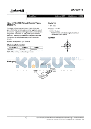 RFP15N15 datasheet - 15A, 150V, 0.150 Ohm, N-Channel Power MOSFETs