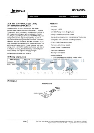 RFP25N05L datasheet - 25A, 50V, 0.047 Ohm, Logic Level, N-Channel Power MOSFET