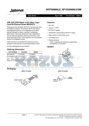 RFP30N06LE datasheet - 30A, 60V, ESD Rated, 0.047 Ohm, Logic Level N-Channel Power MOSFETs