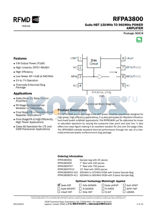 RFPA3800PCK-410 datasheet - GaAs HBT 150MHz TO 960MHz POWER AMPLIFIER