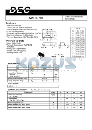 MMBD701 datasheet - Surface Mount Schottky Barrier Diode