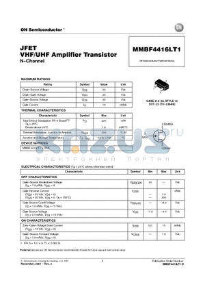 MMBF4416LT1 datasheet - JFET VHF/UHF Amplifier Transistor
