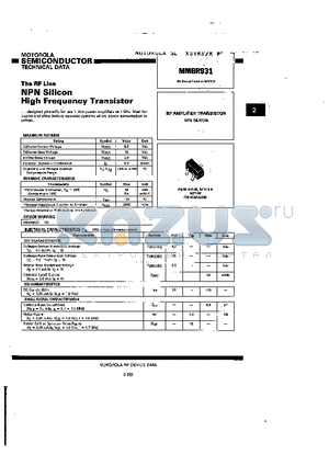 MMBR931 datasheet - The RF Line NPN Silicon High Frequency Transistor