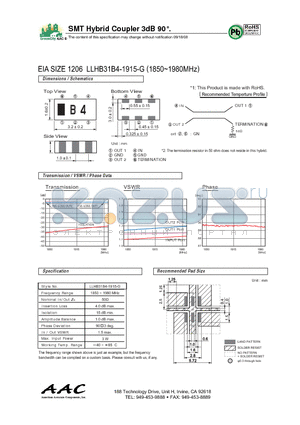 LLHB31B4-1915-G datasheet - SMT Hybrid Coupler 3dB 90`.