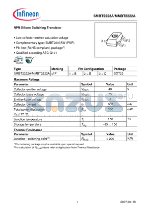 MMBT2222A datasheet - NPN Silicon Switching Transistor Low collector-emitter saturation voltage