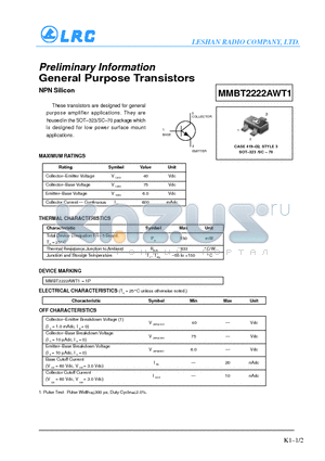 MMBT2222AWT1 datasheet - Preliminary Information General Purpose Transistors