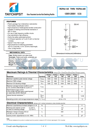 RGP02-14E datasheet - Glass Passivated JunctionFast Switching Rectifier