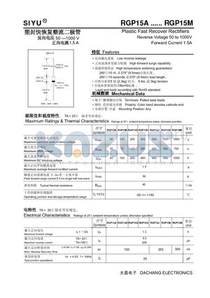RGP15D datasheet - Plastic Fast Recover Rectifiers Reverse Voltage 50 to 1000V Forward Current 1.5A