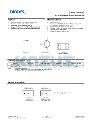 MMBT3904LP-7 datasheet - 40V NPN SURFACE MOUNT TRANSISTOR