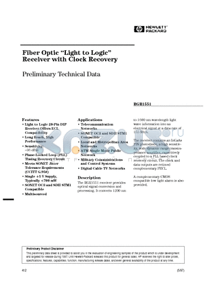 RGR1551 datasheet - Fiber Optic Light to Logic Receiver with Clock Recovery