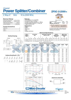 ZFSC-2-2500 datasheet - Power Splitter/Combiner 2 Way-0 50Y 10 to 2500 MHz