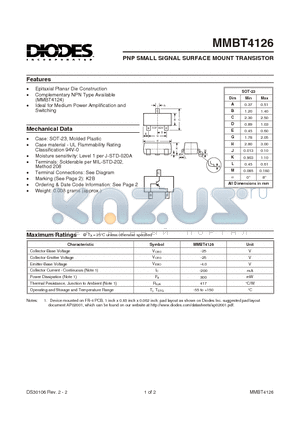 MMBT4126-7 datasheet - PNP SMALL SIGNAL SURFACE MOUNT TRANSISTOR