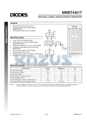 MMBT4401T datasheet - NPN SMALL SIGNAL SURFACE MOUNT TRANSISTOR