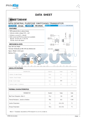 MMBT3904W datasheet - NPN GENERAL PURPOSE SWITCHING TRANSISTOR