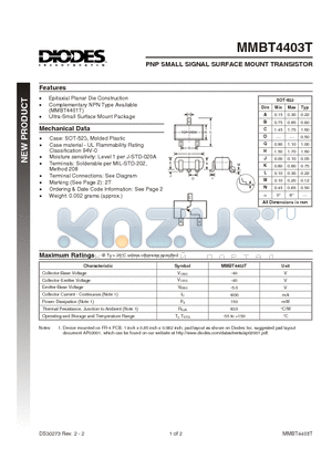 MMBT4403T-7 datasheet - PNP SMALL SIGNAL SURFACE MOUNT TRANSISTOR