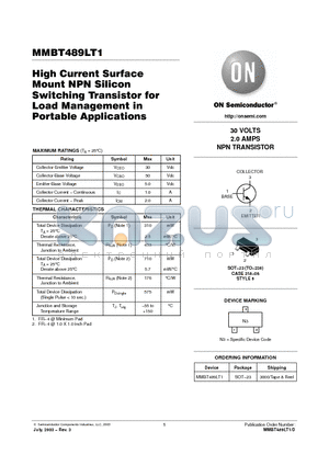 MMBT489LT1 datasheet - High Current Surface Mount NPN Silicon Switching Transistor for Load Management in Portable Applications