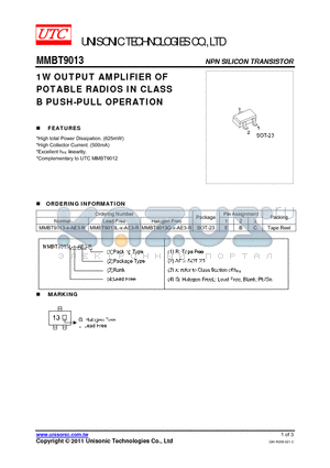 MMBT9013_11 datasheet - 1W OUTPUT AMPLIFIER OF POTABLE RADIOS IN CLASS B PUSH-PULL OPERATION