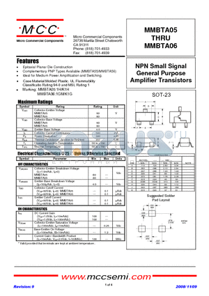 MMBTA05 datasheet - NPN Small Signal General Purpose Amplifier Transistors