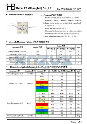 LM-W6-36X36-4P-12V datasheet - Emitted Color: Pure WhiteWarm WhiteRedYellowBlueGreen