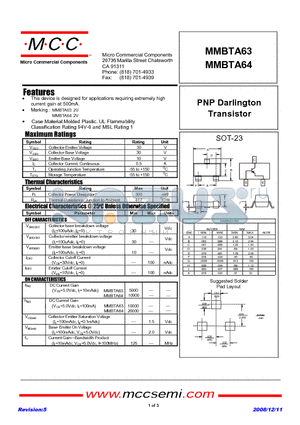 MMBTA63 datasheet - PNP Darlington Transistor