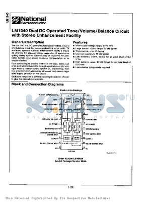 LM1040 datasheet - DUAL DC OPERATED TONE / VOLUME / BALANCE CIRCUIT WITH STEREO ENHANCEMENT FACILITY