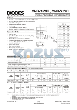MMBZ27VCL-7-F datasheet - 40W PEAK POWER DUAL SURFACE MOUNT TVS
