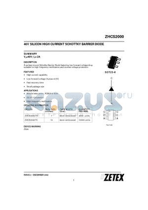 ZHCS2000 datasheet - 40V SILICON HIGH CURRENT SCHOTTKY BARRIER DIODE