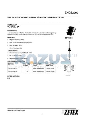 ZHCS2000 datasheet - 40V SILICON HIGH CURRENT SCHOTTKY BARRIER DIODE