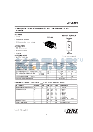 ZHCS400 datasheet - SOD323 SILICON HIGH CURRENT SCHOTTKY BARRIER DIODE
