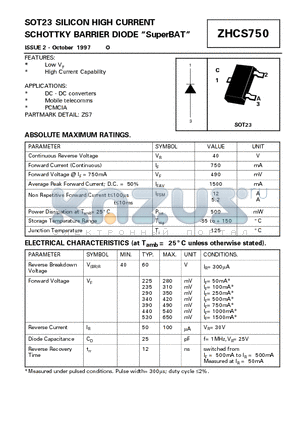 ZHCS750 datasheet - SOT23 SILICON HIGH CURRENT SCHOTTKY BARRIER DIODE SuperBAT