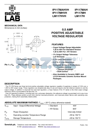 LM117H datasheet - 0.5 AMP POSITIVE ADJUSTABLE VOLTAGE REGULATOR