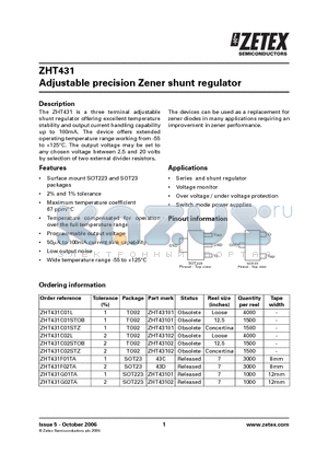 ZHT431C01L datasheet - Adjustable precision Zener shunt regulator