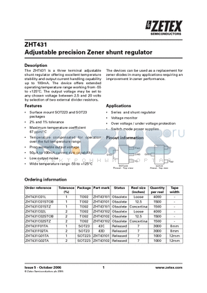 ZHT431G01TA datasheet - Adjustable precision Zener shunt regulator