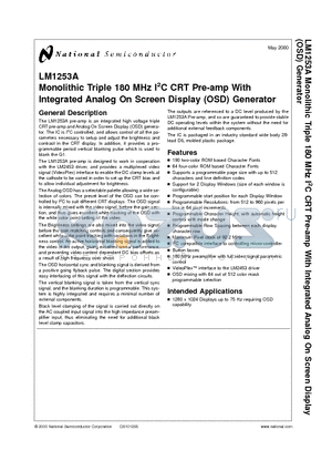 LM1253A datasheet - Monolithic Triple 180 MHz I2C CRT Pre-amp With Integrated Analog On Screen Display (OSD) Generator